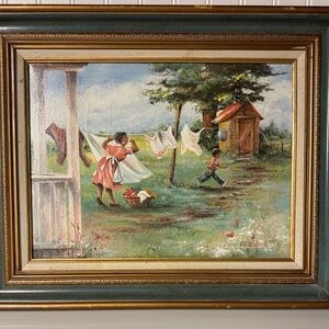 Charming Country Scene Art with Gold and Green Frame